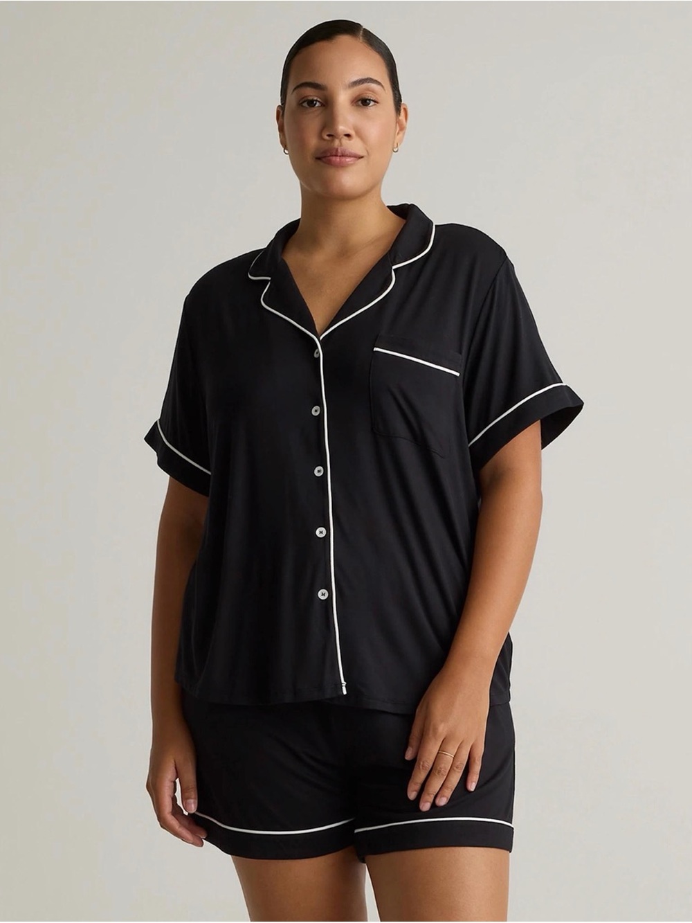 Black Short Sleeve Pajama Set with White Piping - Women